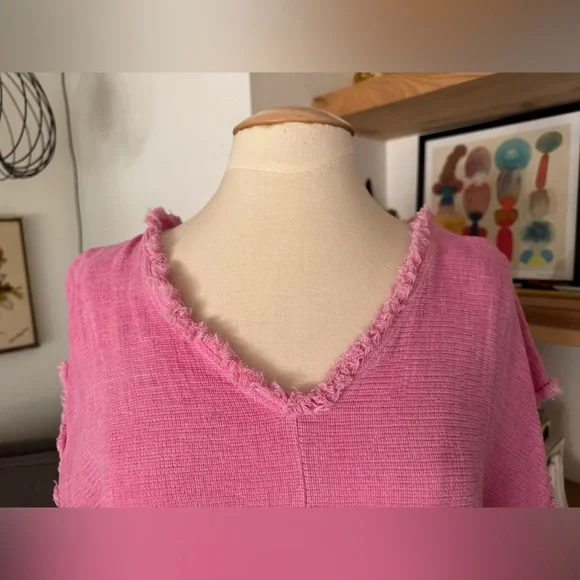 Venti6 Italian linen/cotton Bubblegum Pink Frayed Hem Maxi Dress - Picture 5 of 8